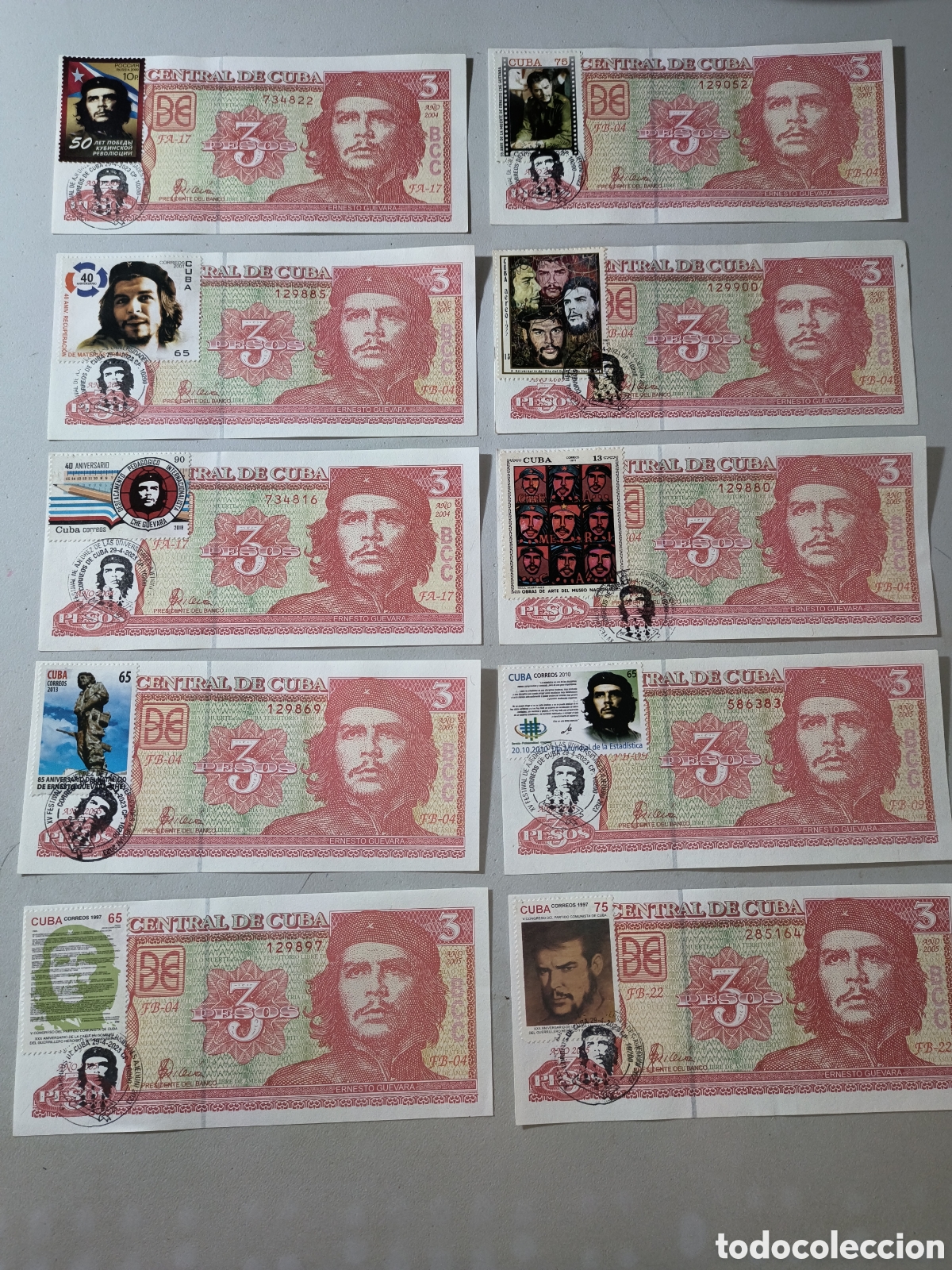 Sellos: Cuba,set 10 billetes 3 pesos del che con cancelaci&oacute;n especial