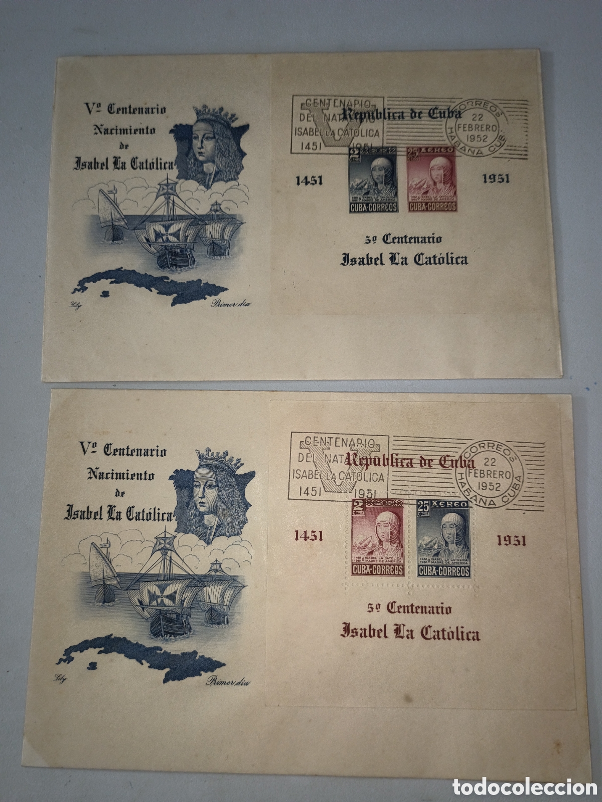 Sellos: Cuba,juego sobres primer d&iacute;a hojitas serie Isabel la cat&oacute;lica,A&ntilde;o 1952