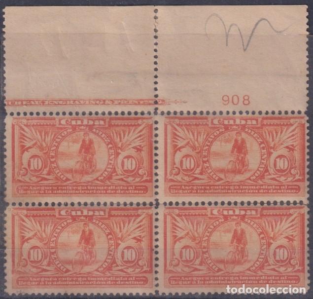 Sellos: 1899-765 CUBA US OCCUPATION 1899 10c SPECIAL DELIVERY &ldquo;IMMEDIATA&rdquo; BL4 PLATE NUMBER PAPEL PEGADO AL D