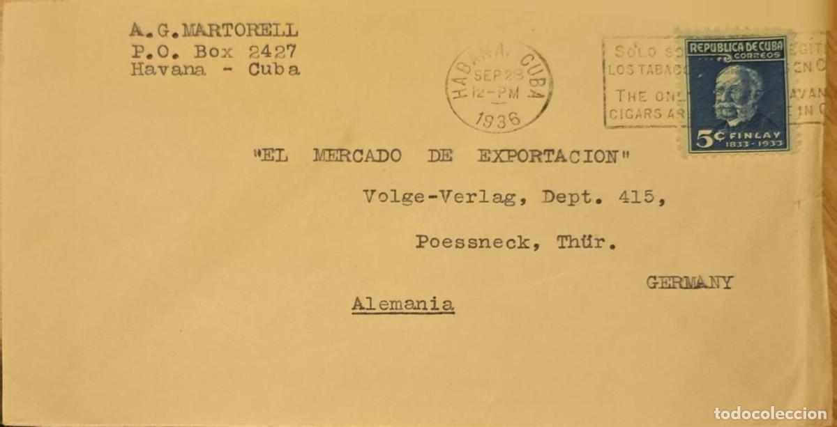 Sellos: TS.)1936, CUBA, HAVANA, TO VOGE-VERLAG; COVER FEATURING A STAMP COMMEMORATING THE &rdquo;CENTENARY OF THE