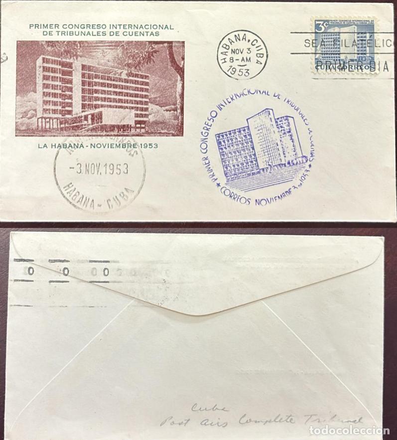 Sellos: TS.)1953, CUBA, FIRST DAY COVER, AIRMAIL, WITH A COMMEMORATIVE PRE-PRINTED DESIGN SHOWING THE FA&Ccedil;ADE