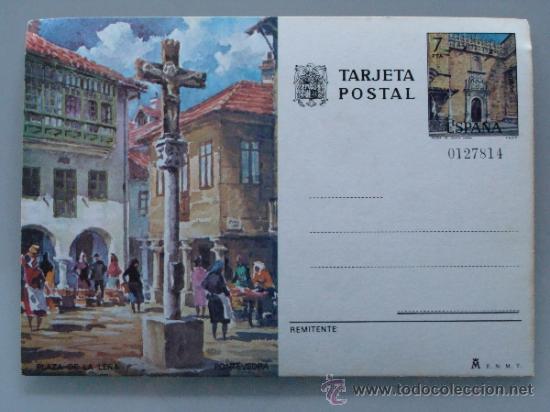 Sellos: TARJETA POSTAL. ENTERO POSTAL AÑO 1975. PLAZA DE LA LEÑA, PONTEVEDRA. 390
