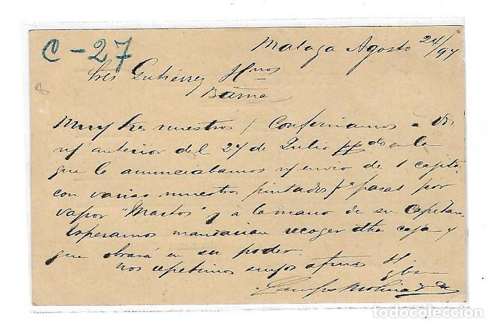 Sellos: ENTERO POSTAL. 1897. MALAGA. VER DORSO - Foto 2