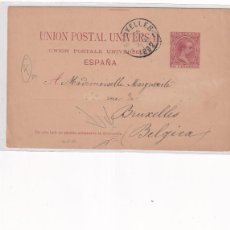 Sellos: ENTERO POSTAL ALFONSO XIII PELÓN. ENVIADA A BÉLGICA. 1892 DIRECCIÓN CON 3 C