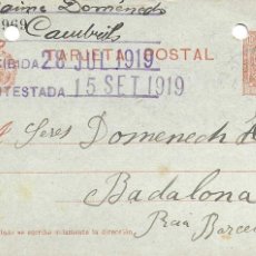 Sellos: ENTERO POSTAL CORDELERIA DOMENECH HNOS. - BADALONA Nº SERIE: I. 797969 - J. DOMÉNECH - 1919
