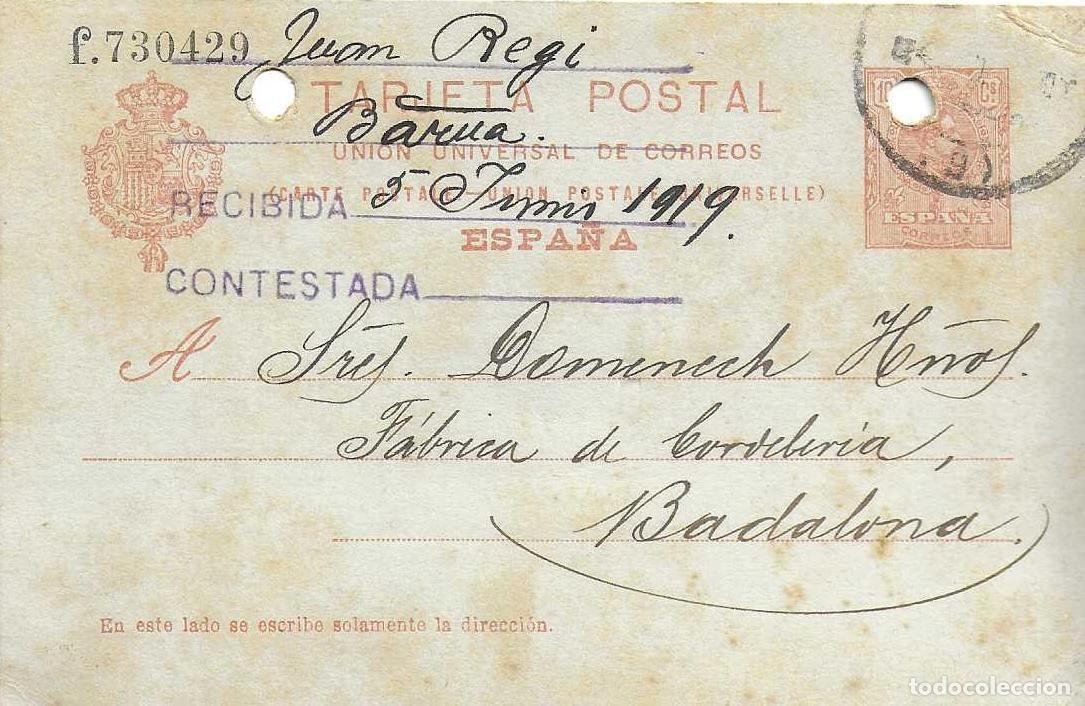 Sellos: ENTERO POSTAL CORDELERIA DOMENECH HNOS. - BADALONA nº serie: f. 730429 - JUAN REGI 1919
