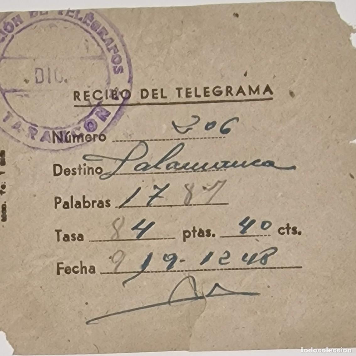 Sellos: RECIBO de TELEGRAMA Hist&oacute;rico 1948. De TARANC&Oacute;N (Cuenca) a SALAMANCA. Tarifa PESETAS. Ephemera