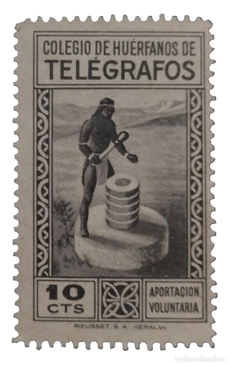 Sellos: 1946 COLEGIO DE HUERFANOS DE TEL&Eacute;GRAFOS. 10 CTOS APORTACI&Oacute;N VOLUNTARIA. USADO.