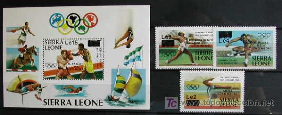 Sellos: SIERRA LEONA 1984  JUEGOS OLIMPICOS DE LOS ANGELES 3 SELLOS + HOJITA