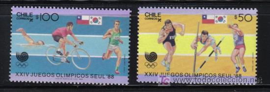 Timbres: CHILE JUEGOS OLIMPICOS DE SE&Uacute;L 88 DEPORTE NATACI&Oacute;N CLICLISMO ATLETISMO SALTO LANZAMIENTO