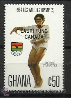 Sellos: GIMNASIA RITMICA GHANA 1984 JUEGOS OLIMPICOS LOS ANGELES OLIMPIADA  SOBRECARGA GAANDORA LAURA FUNG