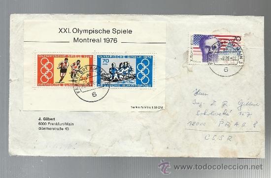 Briefmarken: SOBRE USADO ALEMANIA A CHECOSLOVAQUIA 1976 JUEGOS OLIMPCOS MONTREAL HOCKEY REMO