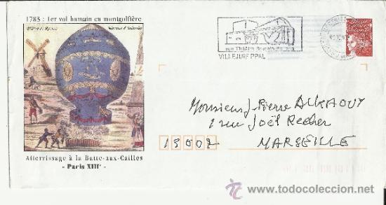 Sellos: FRANCIA ENTRO POSTAL GLOBO MONTGOLFIERE MOLINO VIENTO MAT VILLEJUIF TEATRO ROMANO
