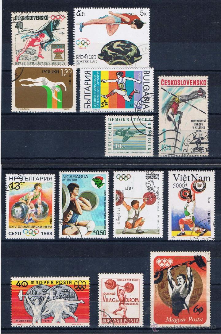 Timbres: mini lote 13 sellos usados salto pertiga rodillo halterofilia
