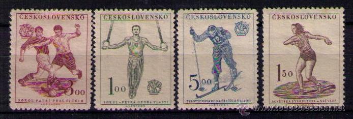 Timbres: CHECOSLOVAQUIA 1951 - DEPORTES - FUTBOL - SKY - GIMNASIA - DISCO - YVERT 584-587