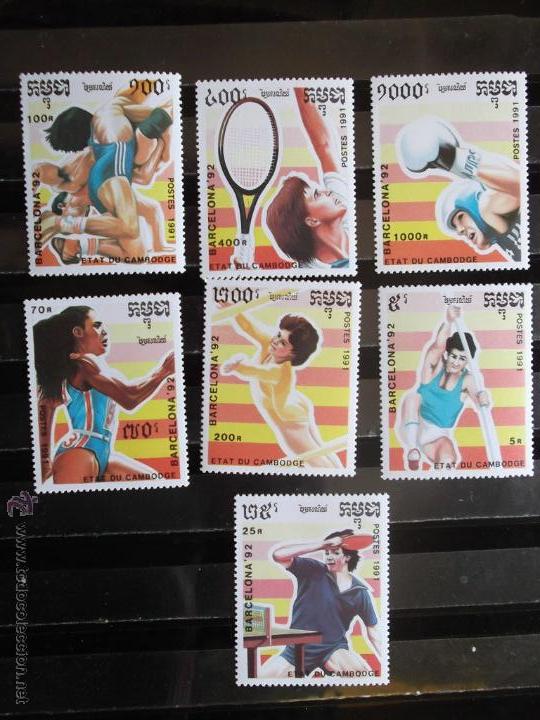 Briefmarken: Camboya. 1002/08 JJ. OO. Barcelona: P&eacute;rtiga, tenis, carreras, lucha, paralelas, boxeo**. 1991. Sello