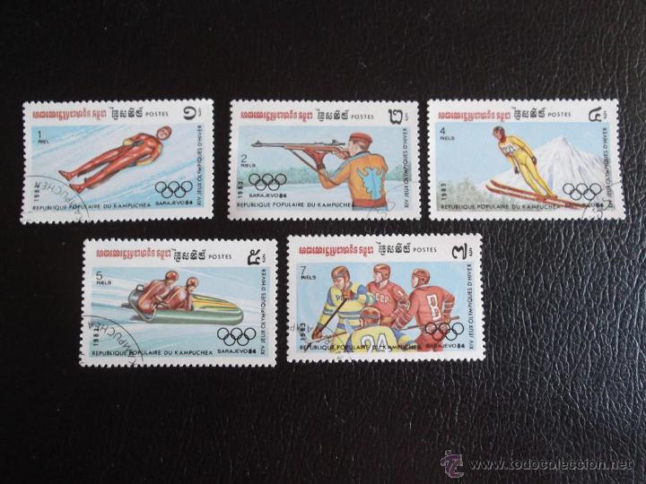 Sellos: Kampuchea. 407/11 JJ. OO. Sarajevo: Trineo, biathlon, salto, bobsleigh y hockey. 1983. Sellos usados