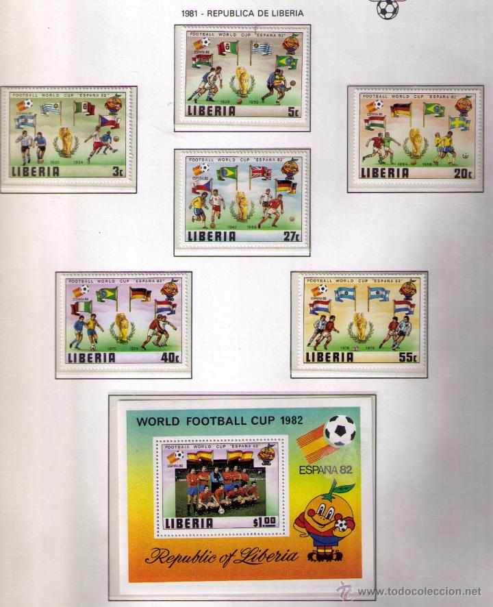 Sellos: LIBERIA1981 - CAMPEONATO DEL MUNDO DE FUTBOL ESPA&Ntilde;A'82 - 5 SELLOS + HOJITA