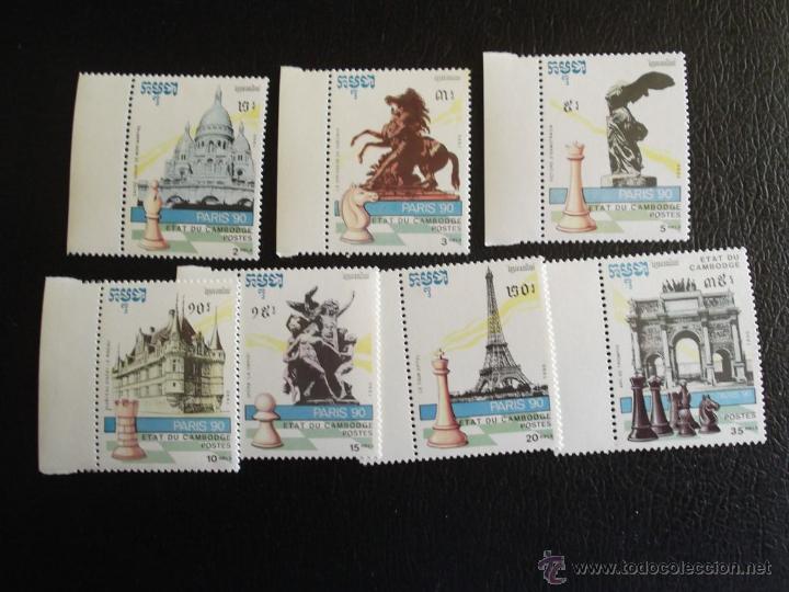 Sellos: Camboya. Campeonato del mundo de ajedrez: Par&iacute;s'90**. Piezas y monumentos: Sacr&eacute;-Coeur, Victoria de