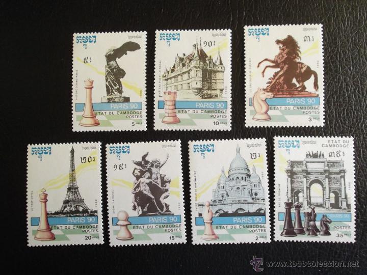 Sellos: Camboya. Campeonato del mundo de ajedrez: Par&iacute;s'90**. Piezas y monumentos: Sacr&eacute;-Coeur, Victoria de