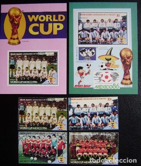 Timbres: UNION ISLAS SAN VICENTE - 2 H.B. + 4 SELLOS NUEVOS *** C. MUNDIAL FUTBOL MEXICO 86 (S106)