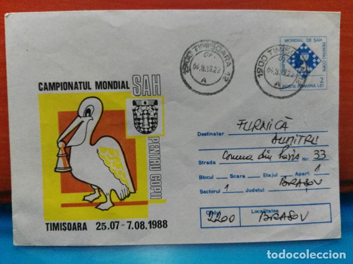 Timbres: AJEDREZ. RUMAN&Iacute;A. CAMPEONATO MUNDIAL DE AJEDREZ. TIMISOARA 1988 CIRCULADO DESDE EL TORNEO