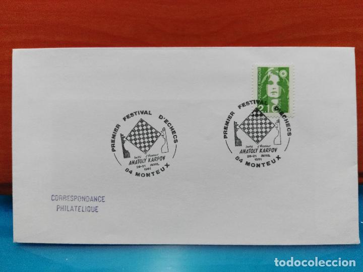 Timbres: FRANCIA. PRIMER FESTIVAL DE AJEDREZ. INVITADO DE HONOR A. KARPOV. MONTEUX. 1991