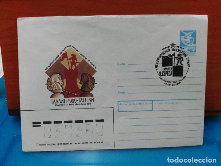 Sellos: AJEDREZ. URSS. MATASELLOS DE AJEDREZ EN SOBRE ENTERO POSTAL DE AJEDREZ. TALLIN 1989