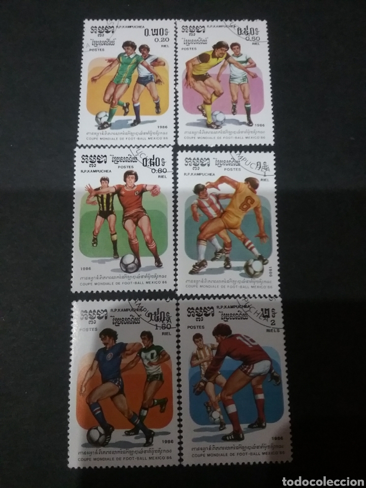 Timbres: Sellos Kampuchea (Camboya) mtdo(6 de 7v)/1986/mundial/copa/futbol/Mexico/deporte/atletas/