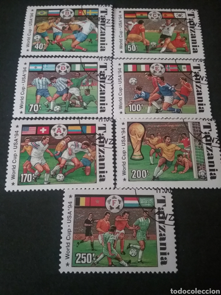Sellos: Sellos de R. Unida Tanzania mtdos. 1994. Futbol. Copa. Deportes. Juegos. Selecciones. Banderas.