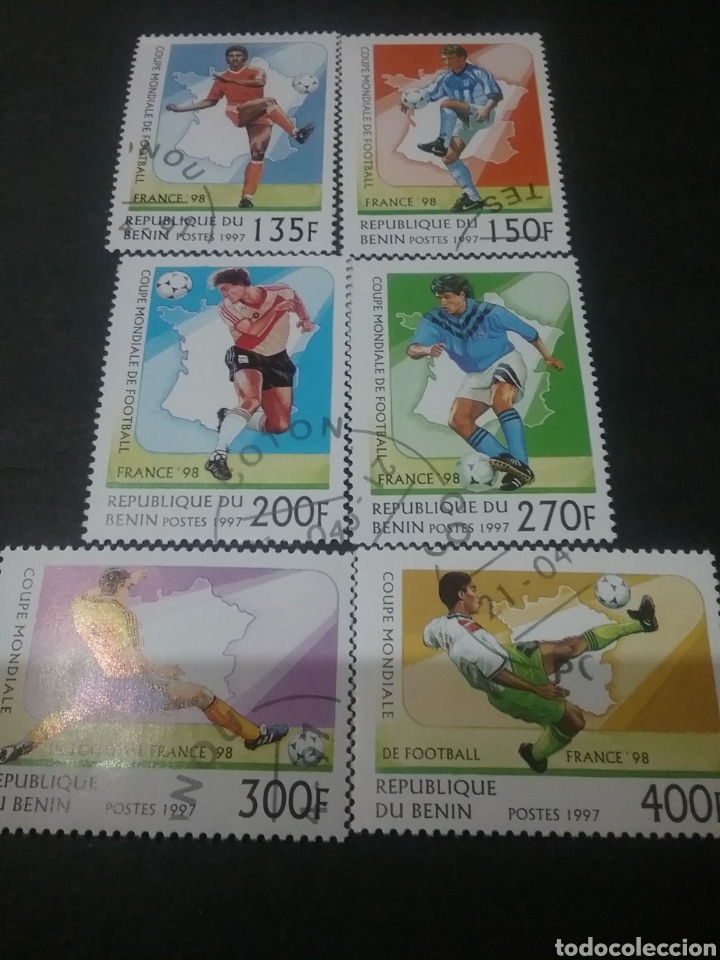Sellos: Sellos de R. de Benin mtdos. 1997. Mundial. Futbol. Mapa. Francia,98. Selecciones. Deporte.