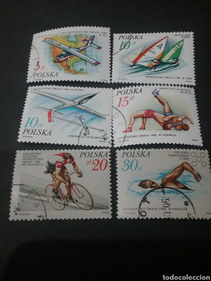 Sellos: Sellos de R. de Polonia (Polska) mtdos. 1986. Avioneta. Vela. Barcos. Deportes. Ciclismo. Mapa.
