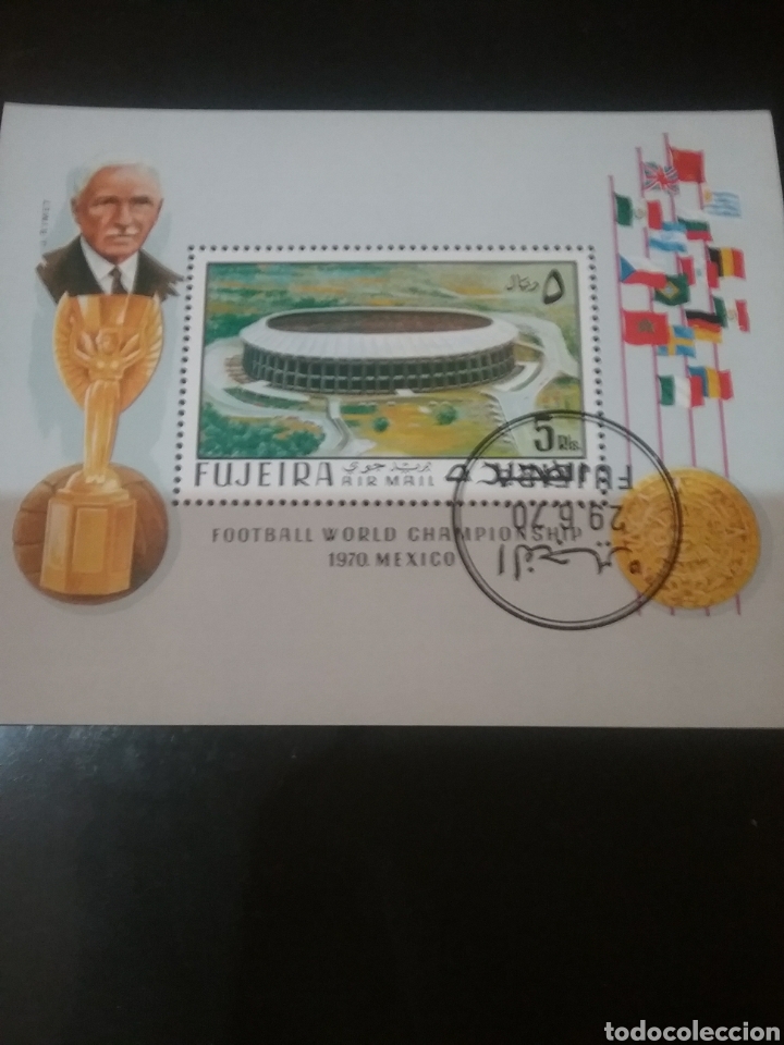 Timbres: HB Fujeira (E.A.U) mtdos/1970/copa mundial futbol/banderas/Mexico/copa/estadio/arquitectura/medalla
