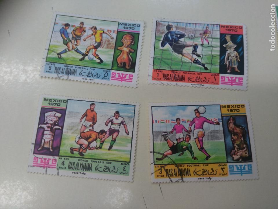 Sellos: LOTE DE 4 SELLOS, FUTBOL, MEXICO 1970. RAS AL KHAIMA WORLD FOOTBALL CUP. STAMPS. CON CHARNELA