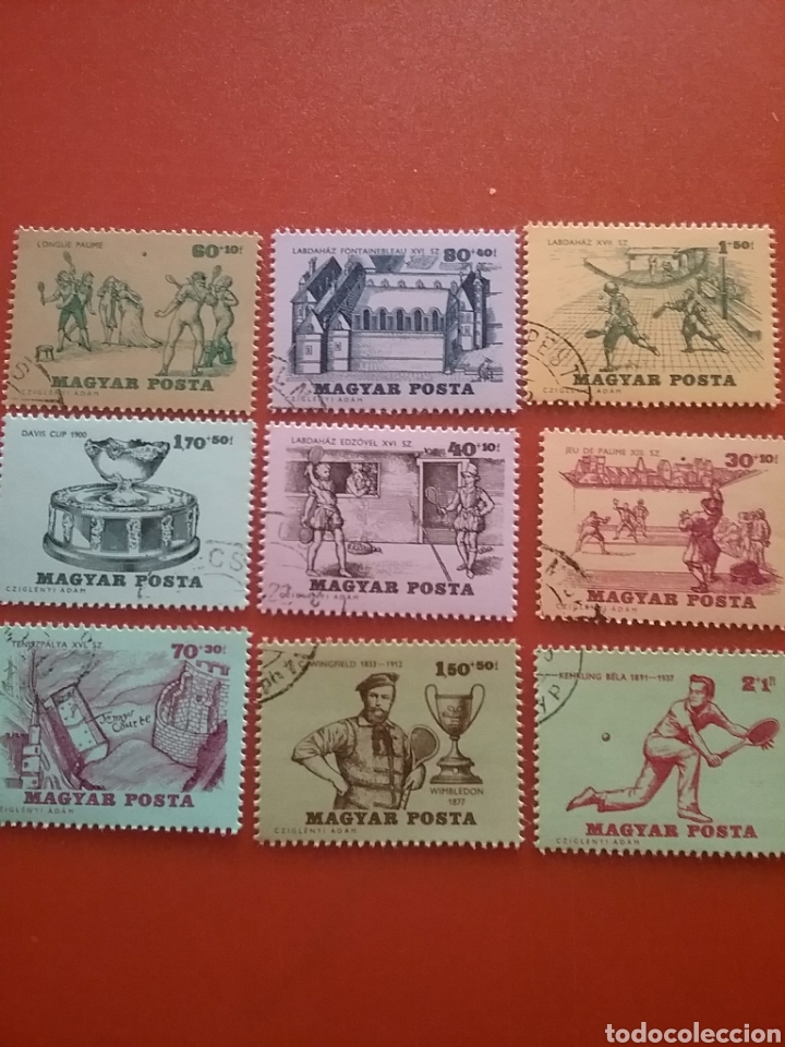 Selos: Sello Hungr&iacute;a (Magyar P) mtdo/1965/historia/tenis/deporte/juego/copa/David/raqueta/arquitectura/gorr