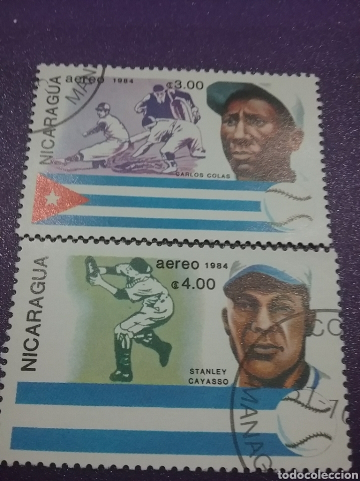 Briefmarken: Sello Nicaragua mtdos (2 De 3v)/1984/jugadores/beisbol/deporte/juego/banderas/Carlos/Colas/Cayaso/ar