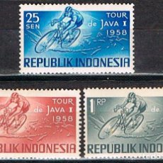 Sellos: INDONESIA IVERT Nº 175/7 (AÑO 1958) TOUR CICLISTA DE JAVA, NUEVO *** (SERIE COMPLETA). Lote 361655190