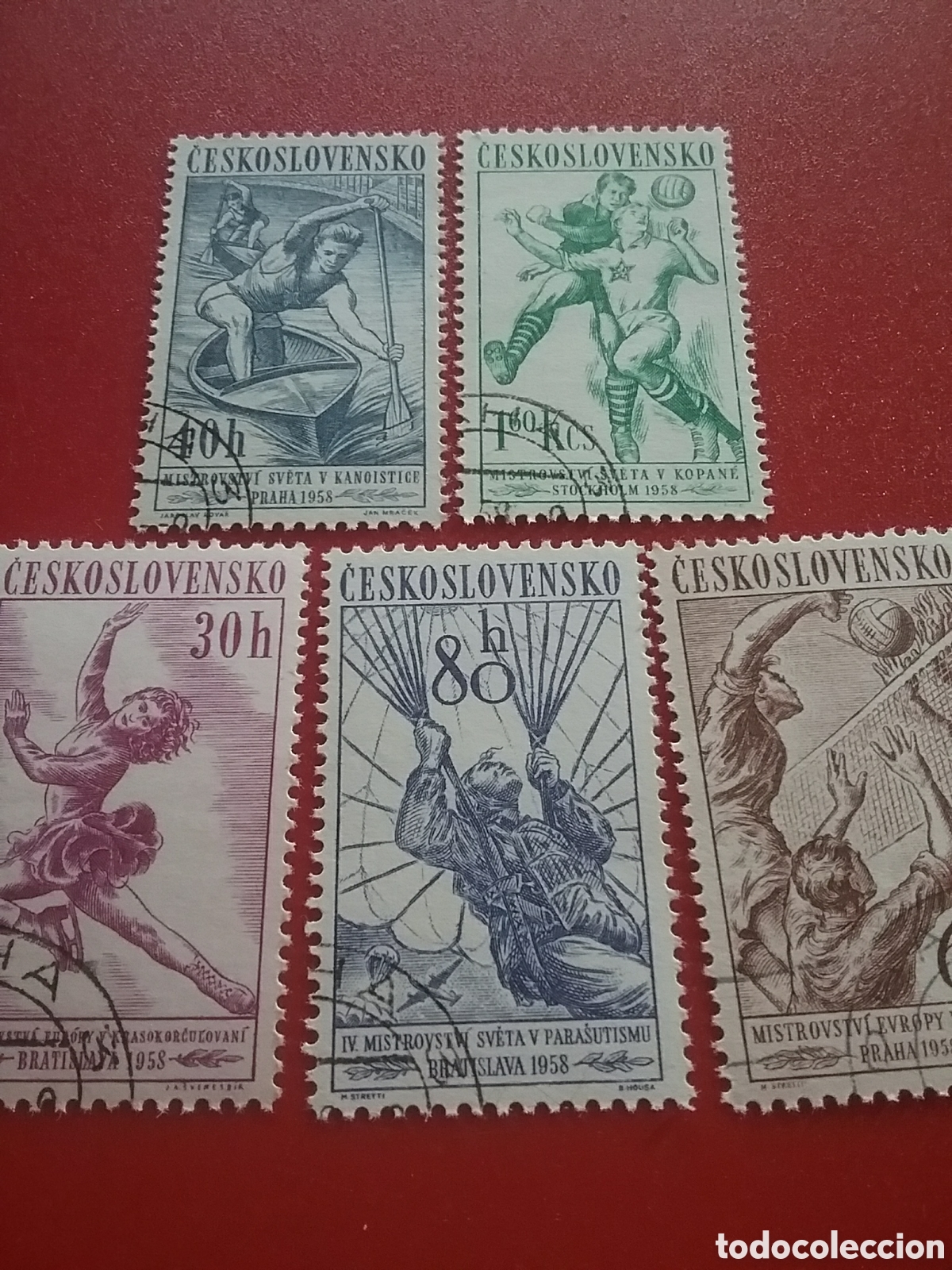 Selos: Sello Checoslovaquia mtdos. 1958. Acontecimientos deporte. Futbol, patinaje, paracaidismo, canoa, vo