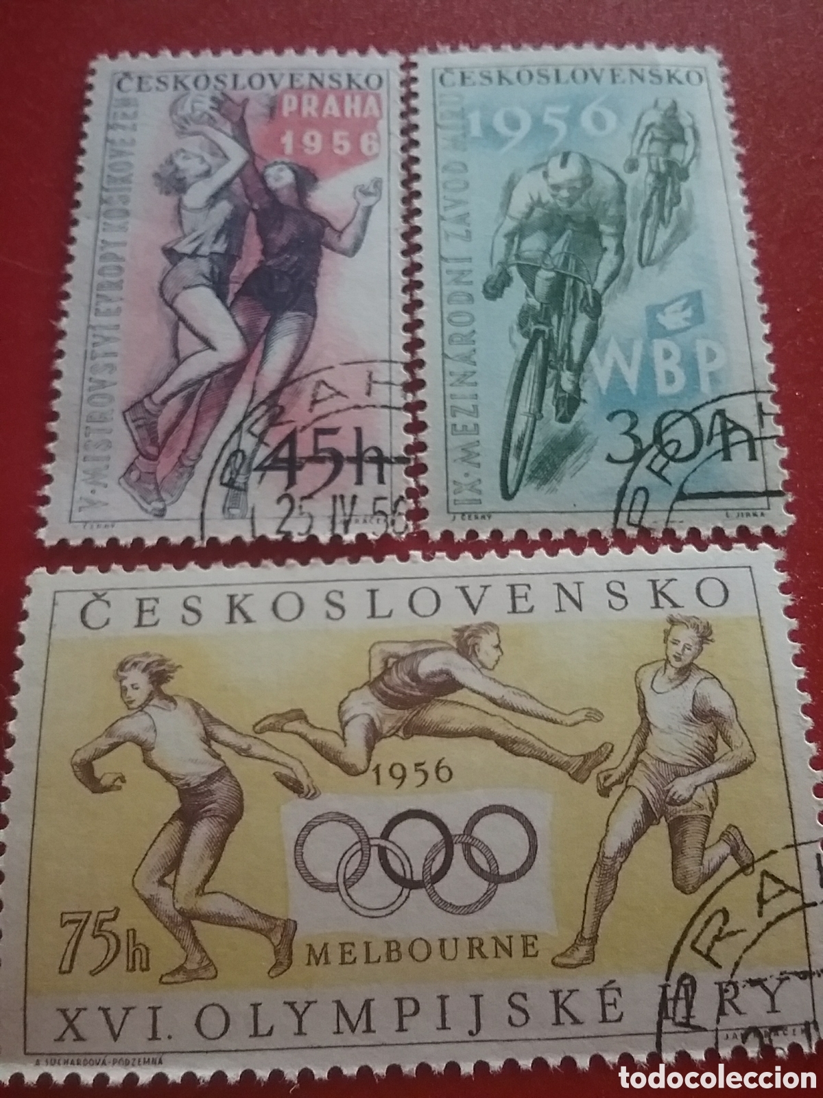 Selos: Sello Checoslovaquia mtdos. 1956. Deporte, juegos. Ciclismo, baloncesto. Olimpiadas Melbourne.