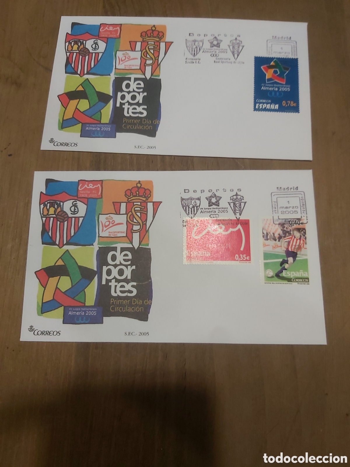 Timbres: Edifil 4156/8 deportes Sporting Gij&oacute;n Almer&iacute;a futbol juegos mediterr&aacute;neos Sfc usado lujo matasello
