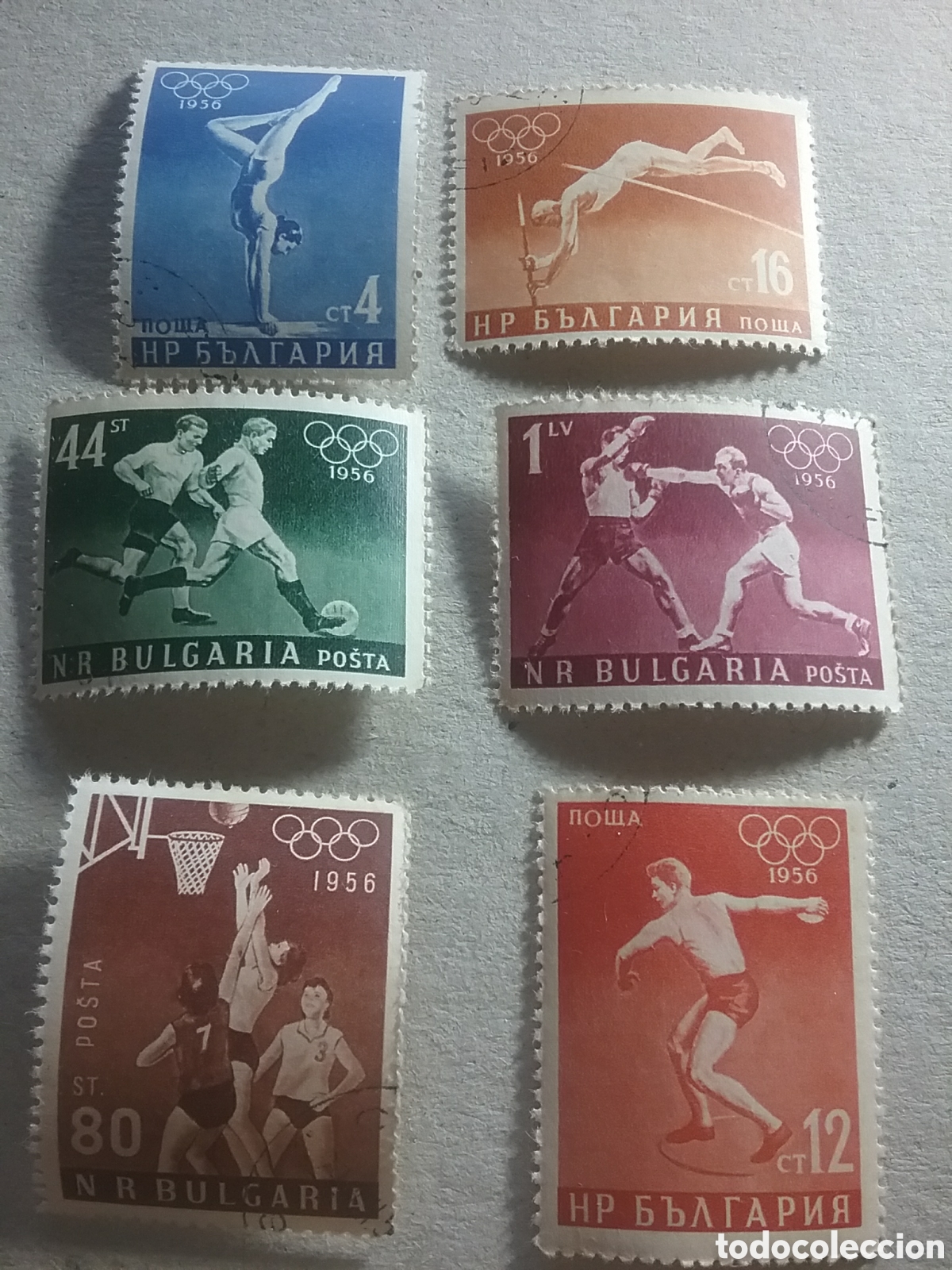 Briefmarken: Sello Bulgaria mtdos 1956. Juegos olimpiada Melbourne. Deporte. Baloncesto. Gimnasia. Disco.