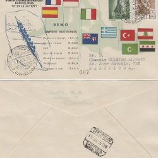 Sellos: AÑO 1955, REMO, II JUEGOS MEDITERRANEOS, BARCELONA, CON LA CLASIFICACION, ALFIL CIRCULADO