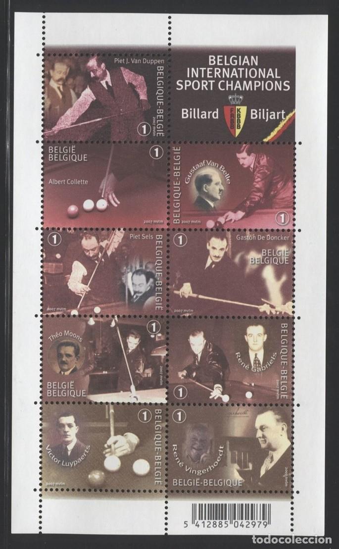 Briefmarken: BELGICA 2007 GRANDES MAESTROS MUNDIALES DEL BILLAR MINI HOJA DE 7 SELLOS +VI&Ntilde;ETA