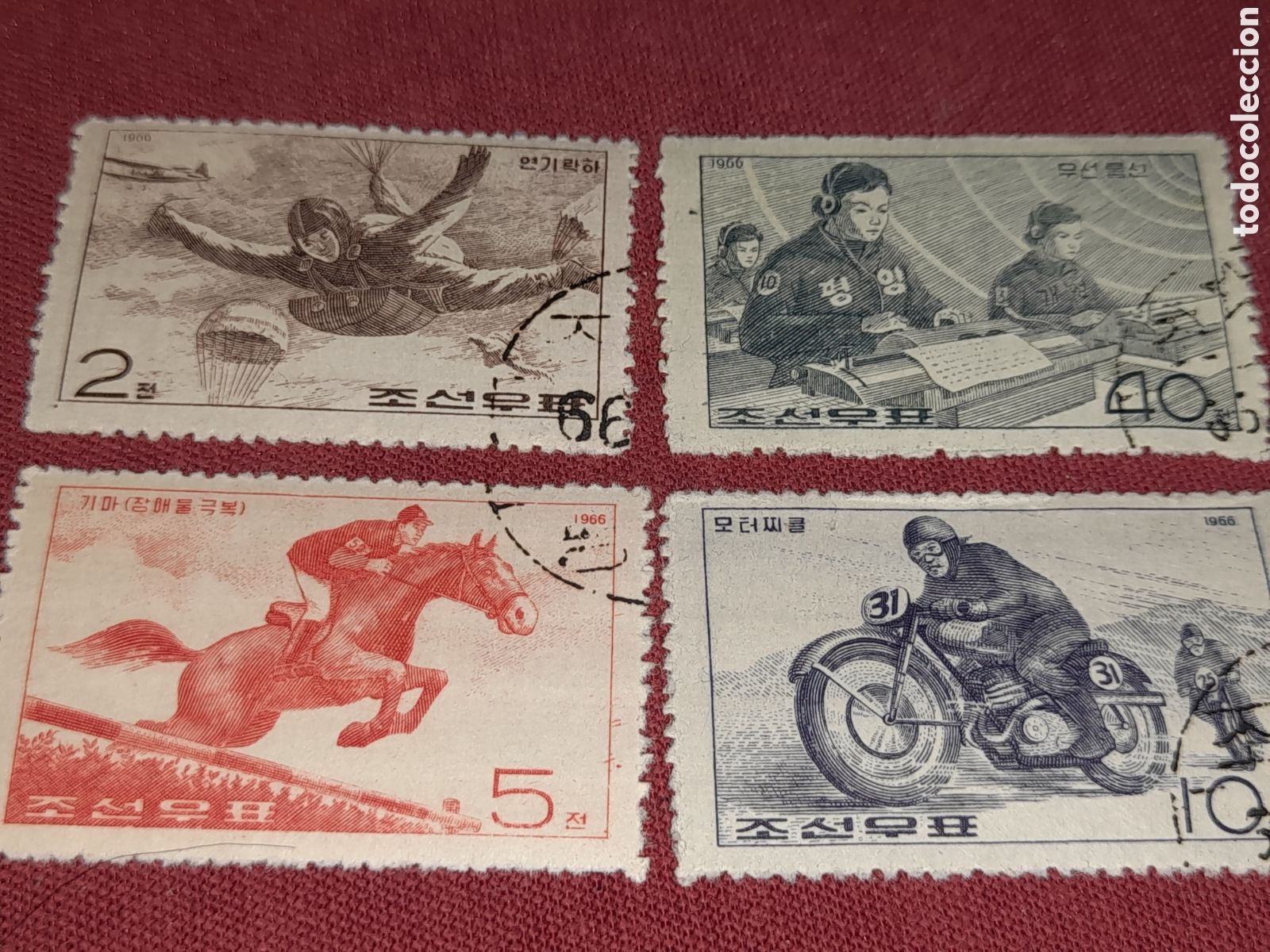 Sellos: Sello Corea Norte mtdo 1966. Deportes defensa nacional. H&iacute;pica Telegraf&iacute;a Paracaidismo Motociclismo