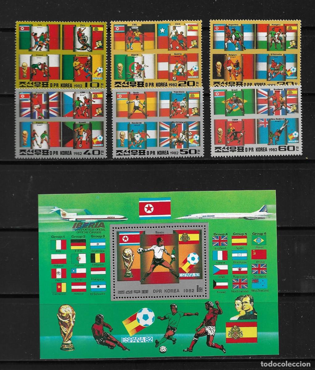 Sellos: COREA 1982, SERIE Ivert 1731 + HOJA BLOQUE. - CAMPEONATO MUNDIAL F&Uacute;TBOL ESPA&Ntilde;A 82. MNH.