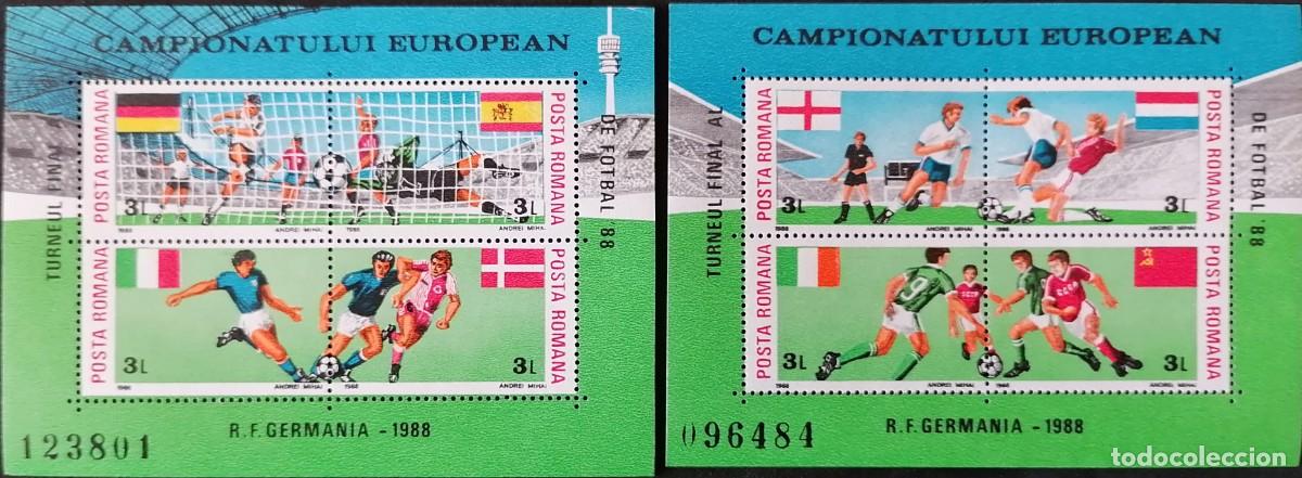 Sellos: RUMANIA 1988 - 2 HB F&Uacute;TBOL CAMPEONATO DE EUROPA / ALEMANIA .