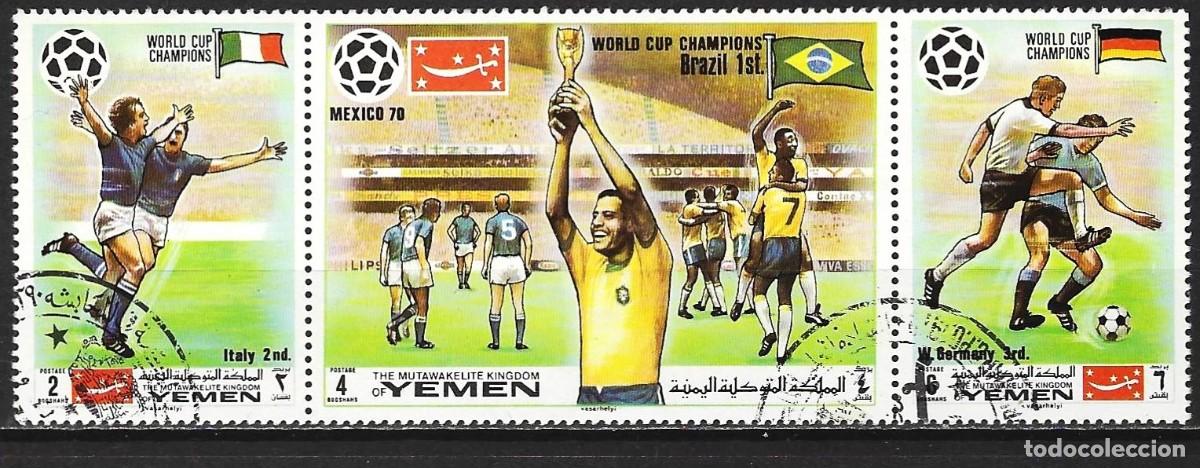 Sellos: Yemen ( Reino ) 1970 - Mi 1150 a 1152 - YT 315 - Copa del mundo de futb&oacute;l en M&eacute;xico ( Tr&iacute;ptico )