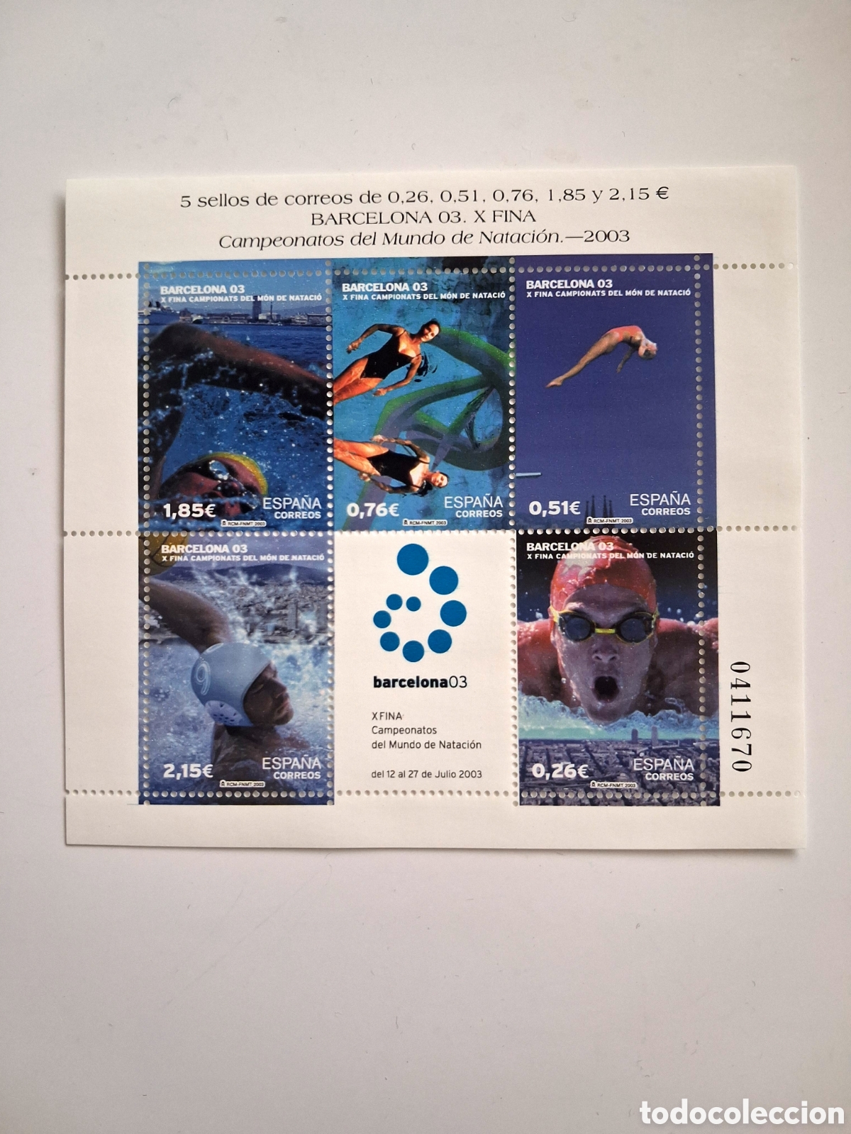 Sellos: Hoja Bloque Sellos FINA Barcelona 2003 Mundial de Nataci&oacute;n