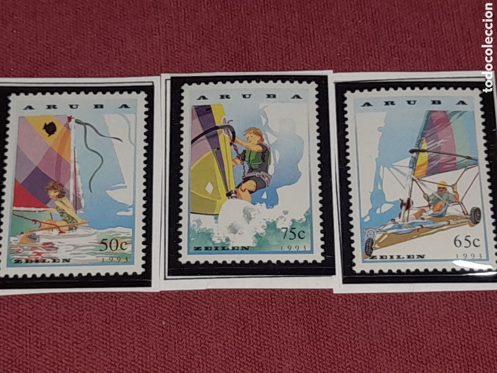 Sellos: Sello Aruba nuevo 1993. Crema. Clero. Barco. Deporte. Ocio. Juegos. Mar. Surf. Navegante terrestre.