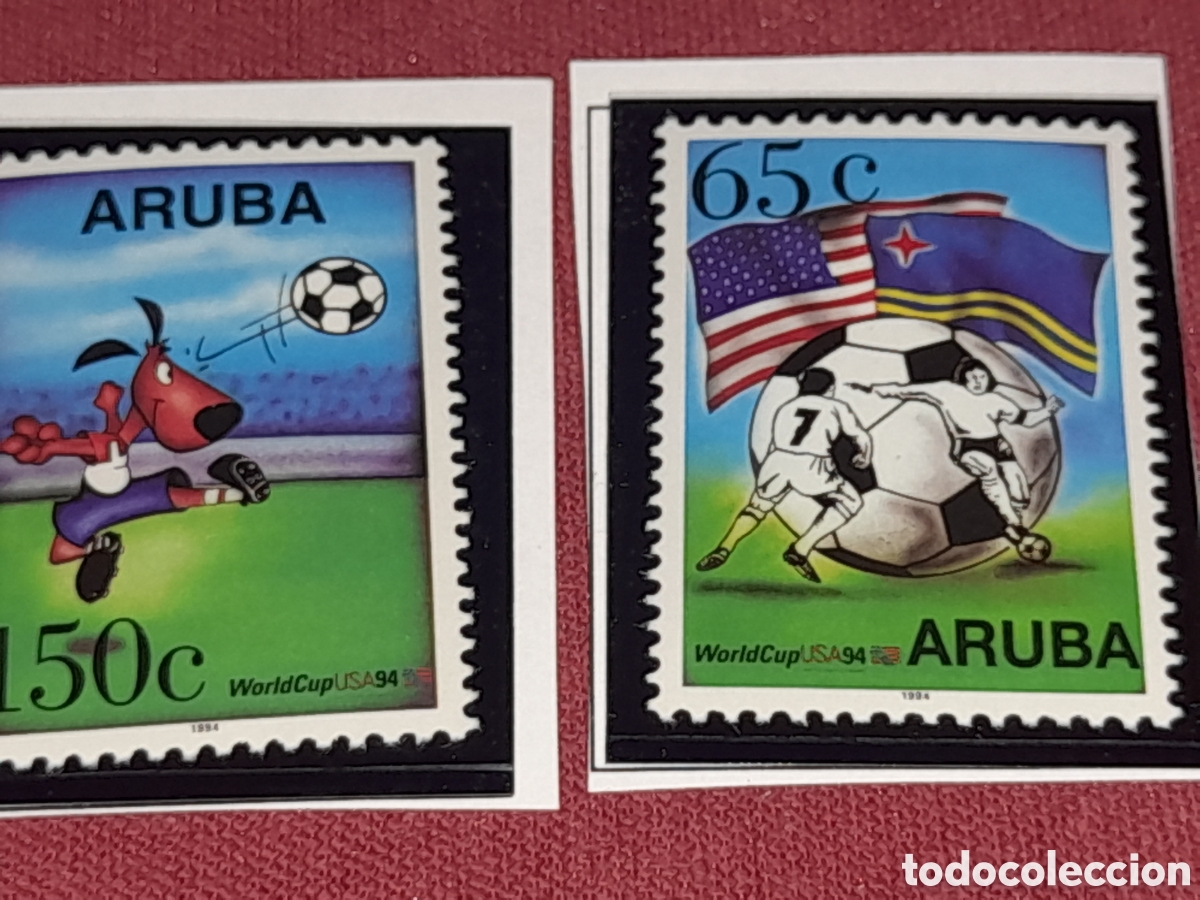 Sellos: Sello Aruba nuevo 1994. Campeonato mundial f&uacute;tbol. EE.UU. Deporte. Juegos. Bandera. Perro. Mascota